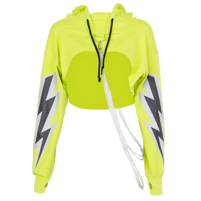 Neon Yellow BOOFEENAA Светоотражающие молнии Графический Обрезанные женские толстовки с капюшоном; сезон осень модные толстовки оверсайз с цепочкой неоновый желтый C70-AG98 - Цвет: Neon Yellow