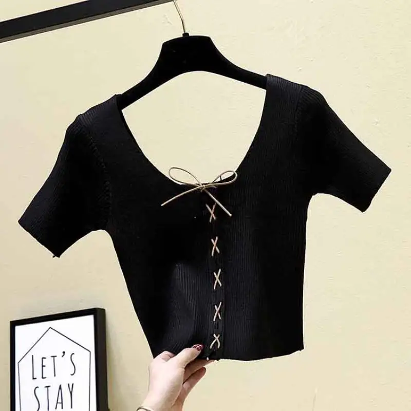 

Женская футболка на завязках с перекрестной лямкой через шею, повседневные женские однотонные Топы с коротким рукавом, повседневные летние...