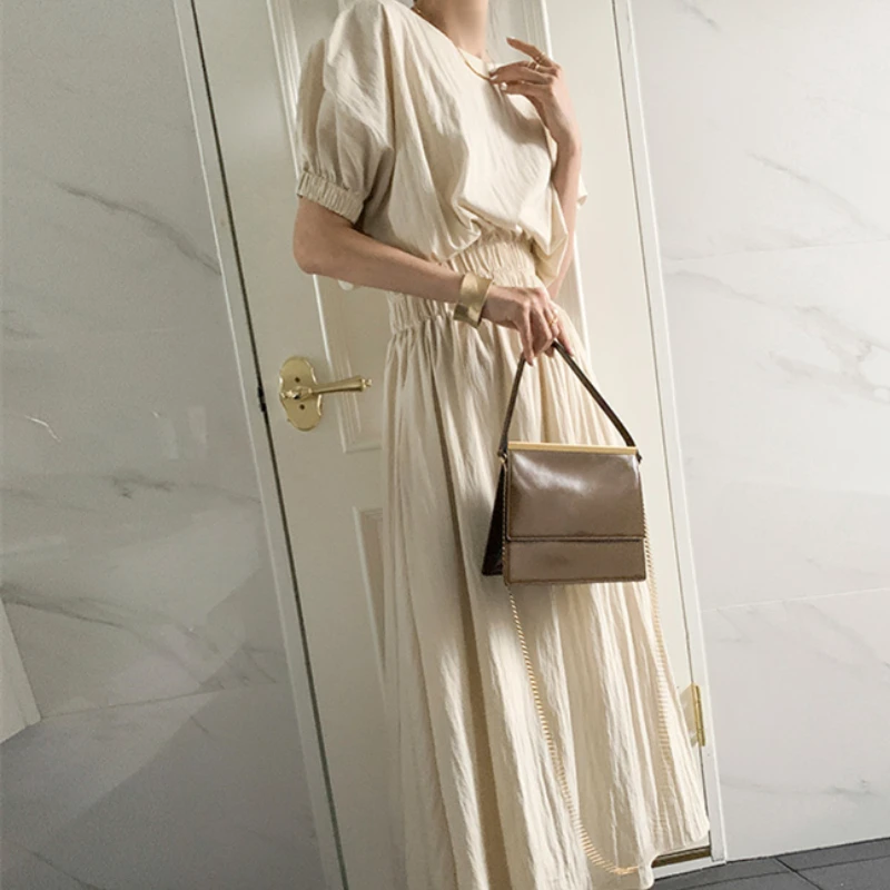 

Summer Casual Solid Color Mixi Dress Women O-Neck Short Sleeve Elastic Waist Vintage Dress Female Robe 2021 Vestidos