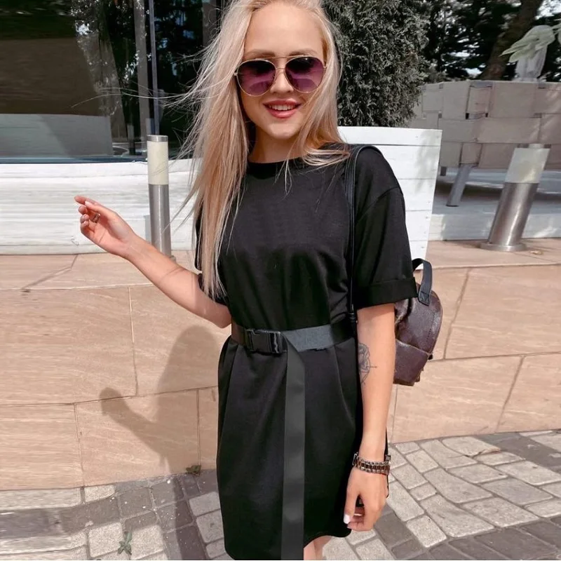 

GOOHOJIO Casual Solid Women Dress With Belt Leisure White Dresses Summer T Shirt Dress Women White Short Dress Vestidos Clothes