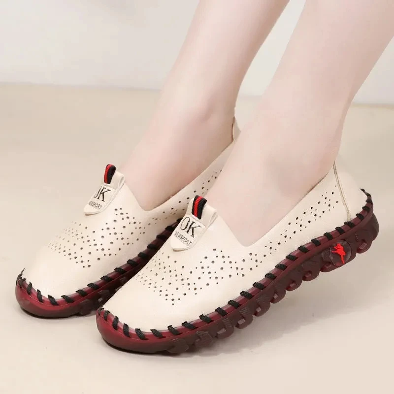 

Wide Fit Comfy Soft Leather Shoes for Ladies Korean Style Shoes Slip on Loafer Spring Summer Hollowed Casual Mother Moccasins