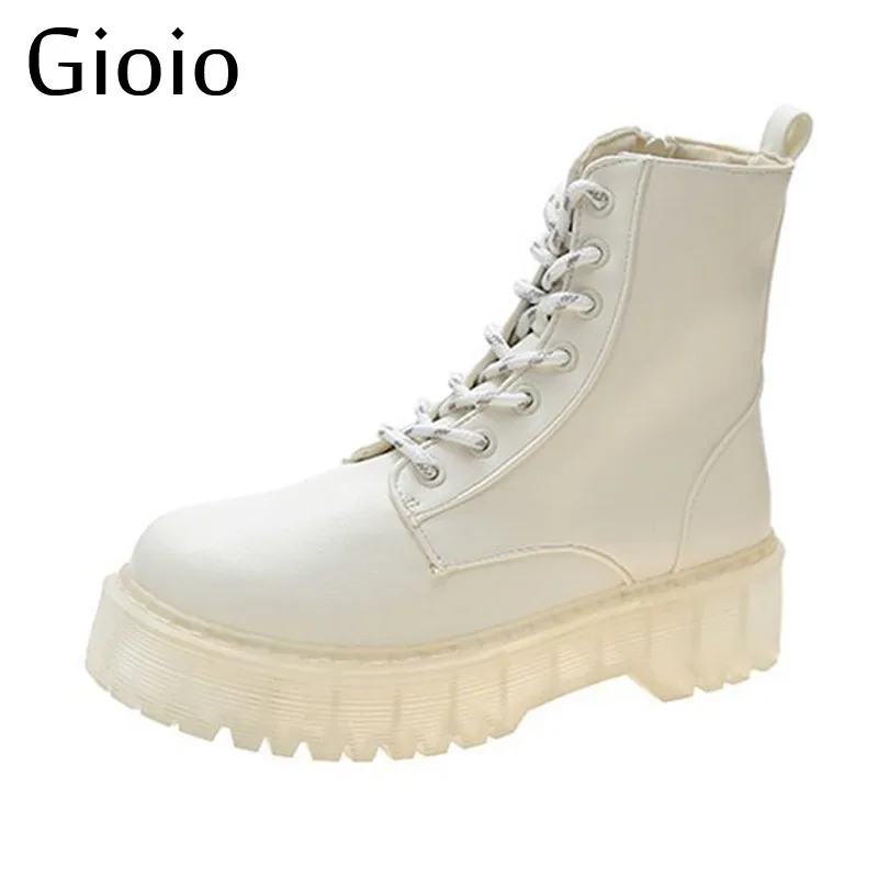 

Gioio Martins Boots High Top Fashion Leather Low Heel Ankel Boots Women Brand botas martens mujer Black Couple Unisex Casual Sho