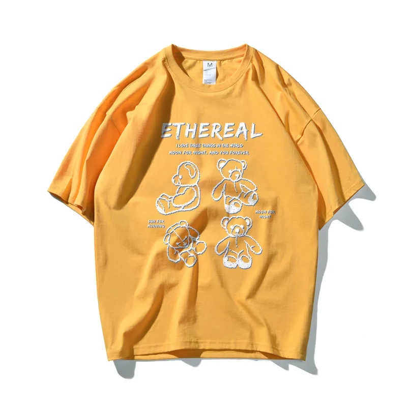 

Hand Painted Bear Hip Hop Oversize T Shirt Men Streetwear Harajuku Tshirt Short Sleeve Cotton Loose HipHop T-Shirt Basic
