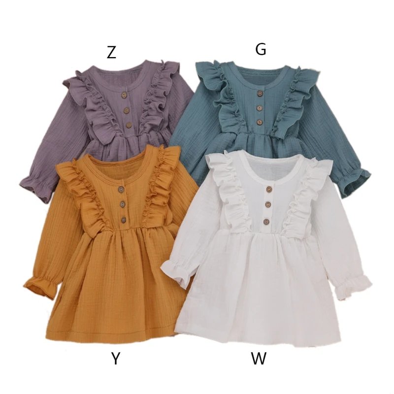 Хлопковое однотонное платье для девочек с длинным рукавом оборками белого