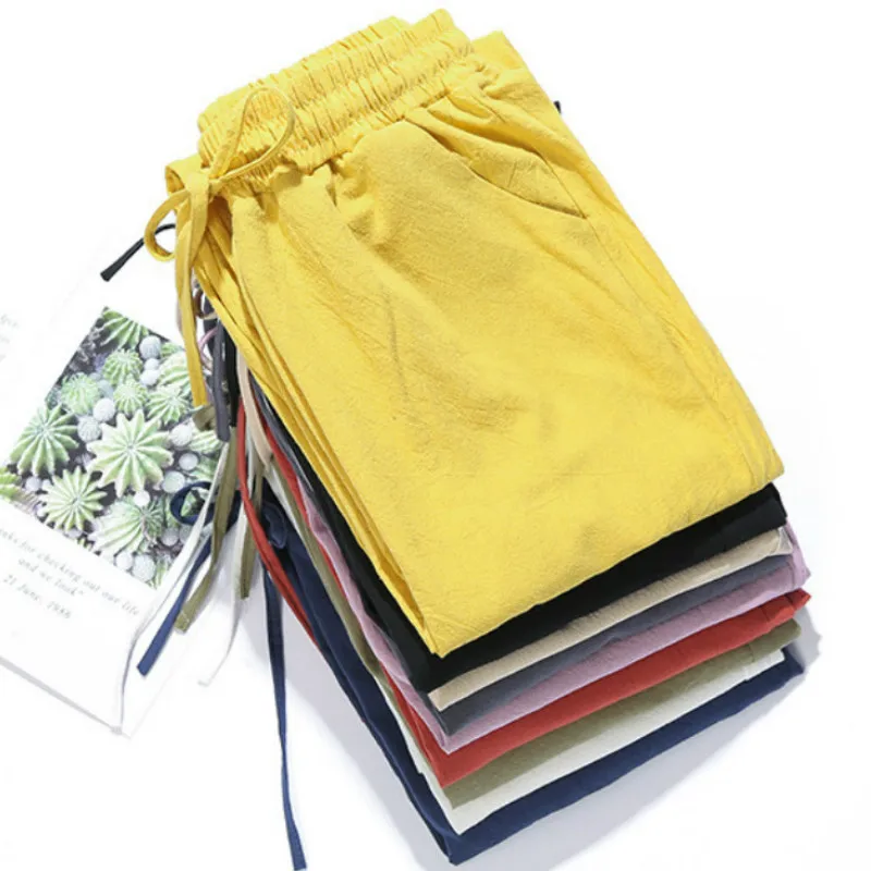 

Женские шаровары из хлопка и льна, однотонные мягкие шаровары карамельных цветов с высокой талией на шнуровке, весна-лето 2021