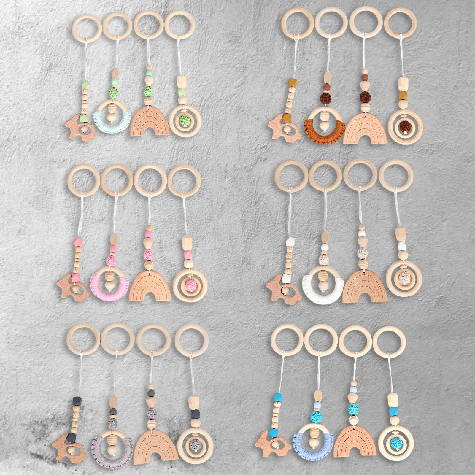

4Pcs Baby Play Gym Frame Wooden Activity Gym Frame Stroller Hanging Pendants Toys Teether Ring Nursing Rattle Toys Room Decor
