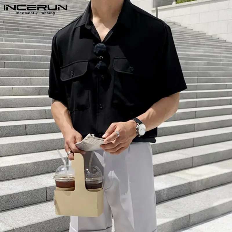 

Рубашка INCERUN мужская с короткими рукавами, повседневная однотонная блузка с отложным воротником, много карманов, уличная одежда, корейский ...