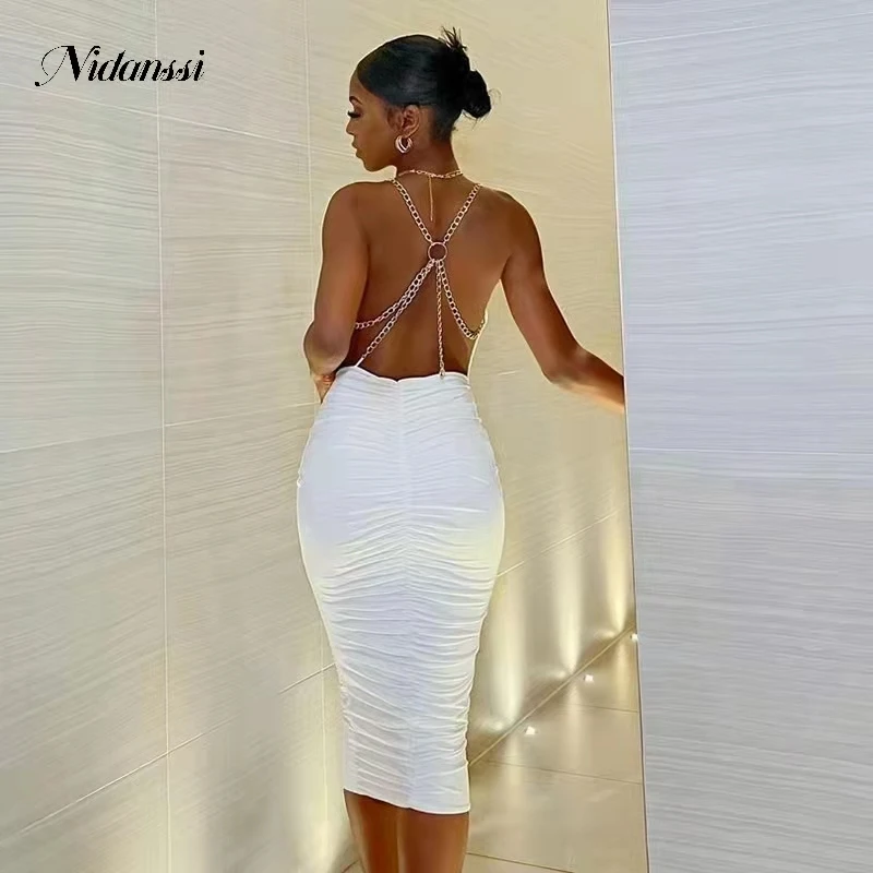 

Nidanssi Women's 2022 Summer New Sexy Backless Chain Fold Sling Dress White Elegant Slim Evening Long Dresses Night Club Dresses