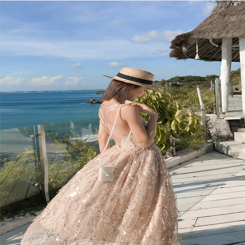 Сексуальное длинное платье с блестками женские летние праздничные платья