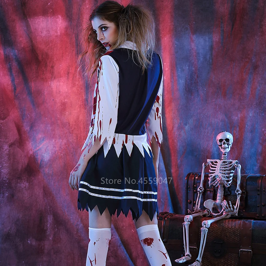 Halloween Women Schoolgirl Cosplay Costume Skirt Set Masquerade Scary Gothic Zombie Vampire Bloody Broken Student Uniform Outfit