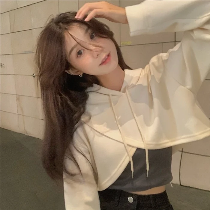 

Irregular Cross Hooded Sweater Women 2021 Autumn Korean Style Sense Design Short Solid Color Long-sleeved Top Rac