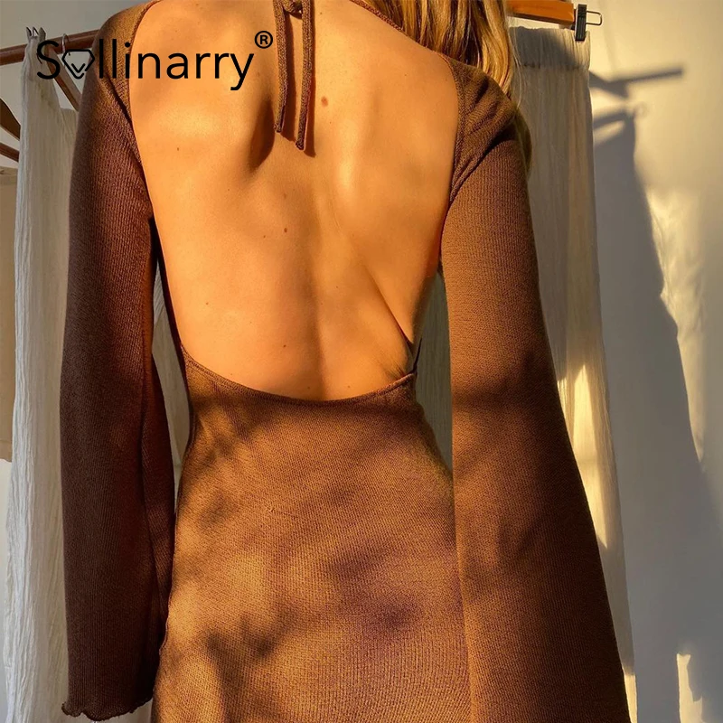 

Sollinary Sexy backless halter knitted dress women Elegant trumpet sleeves long dress 2021 Autumn solid color holiday dress