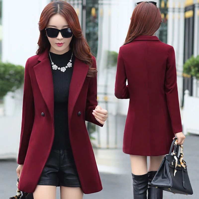 Женское пальто с отложным воротником длинное теплое приталенное шерстяное