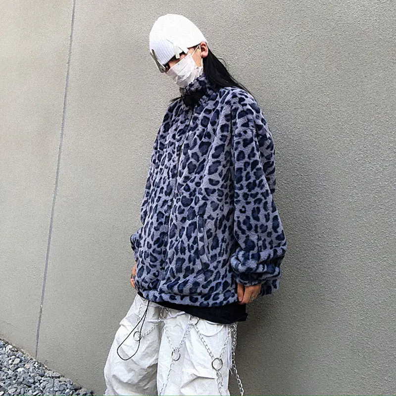 2021 Women Blue Leopard Faux Fur Coat Winter Padded Jacket  Loose Plus Velvet Street Coat Casual Outwear Women Lamb Wool Coat