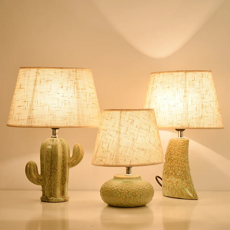 Скандинавский кактус керамическая основа льняная лампа абажур настольная