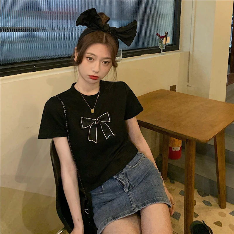 

YTX496 2021 new loose bow white stitching all-match short-sleeved T-shirt