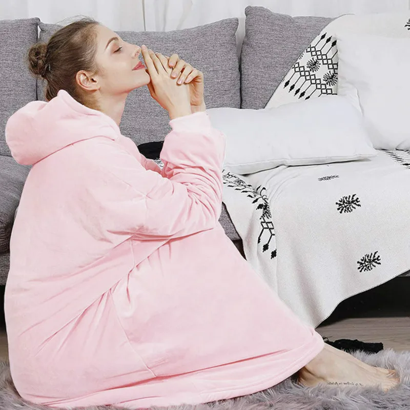 

Winter Hoodie Women Hooded Blanket Sweatshirt Fleece Plush Hoodie Warm Coral Fleece TV Blanket with Sleeve Woman Winter Clothes