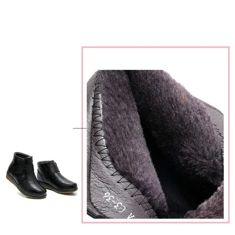 

2019 Women Winter Snow Boots Classic Black Genuine Leather Thick Wool Fur Warm Ankle Boots Low Heel Shoes Women Boots