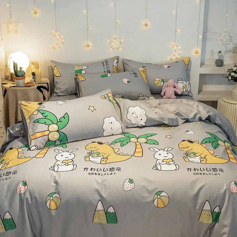 

4pcs Little gray dinosaur Kawaii Bedding Set Luxury Queen Size Bed Sheets Children Quilt Soft Comforter Cotton Duvet Cover Set