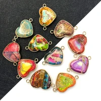 love heart shaped natural stone emperor stone connector colorful aura stone two hole pendant diy jewelry accessories 21x33mm
