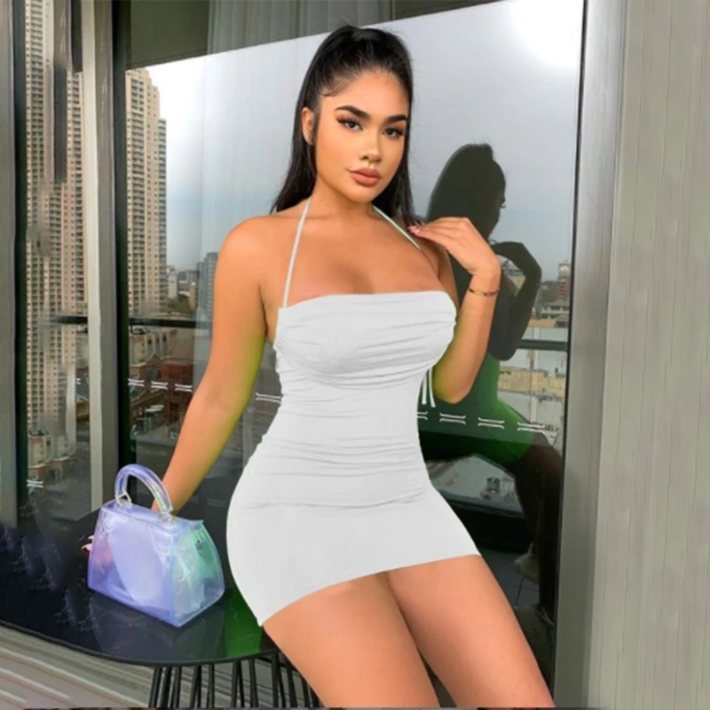 

New Summer Women Fashion Dress Sexy Tight Hanging Neck Word Collar Dresses Female Solid Color Bag Hip Party Dress