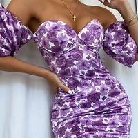 summer women fashion floral print strapless puff sleeve off the shoulder backless mini dress ladies party vestidos