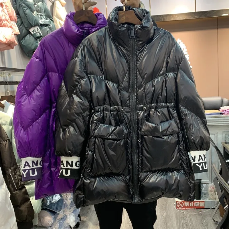 Блестящая блестящая яркая куртка на 90% белом утином пуху Женское пальто с