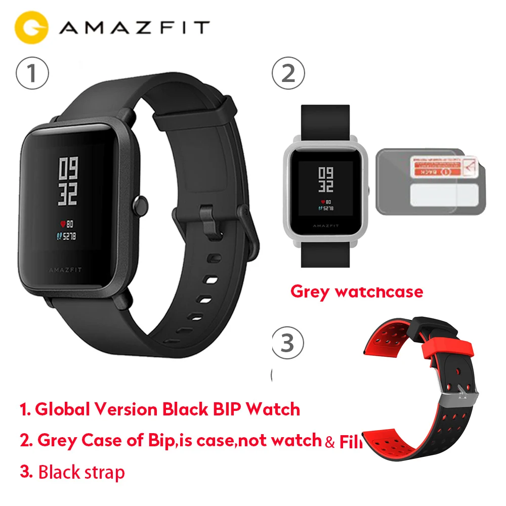 Grey CaseBlackStrap Официальные Смарт-часы Amazfit Bip, gps, умные часы, 45 дней в режиме ожидания, монитор сердечного ритма, будильник, вибрация, IP68, водонепроницаемые, напоминание о звонках - Цвет: Grey CaseBlackStrap