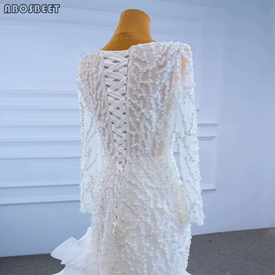 

Luxury Wedding Dress Long Sleeve Mermaid Wedding Gown for Bride 2021 with Long Train V Neck Pearls Beads Ruffles Gown Lace Up