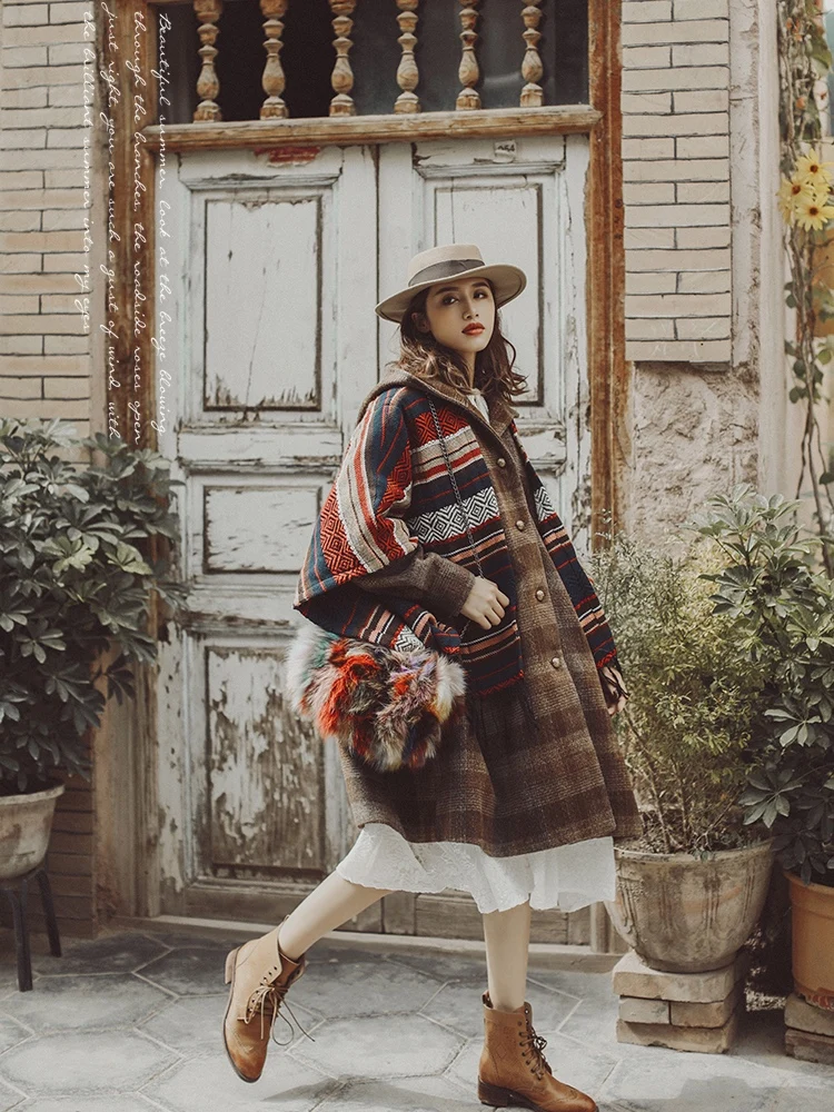 

IRINAMS014 Fall Winter 2020 Collection Original Design Fake Two Piece Vintage Plaid Oversize Long Shawl Coat Women