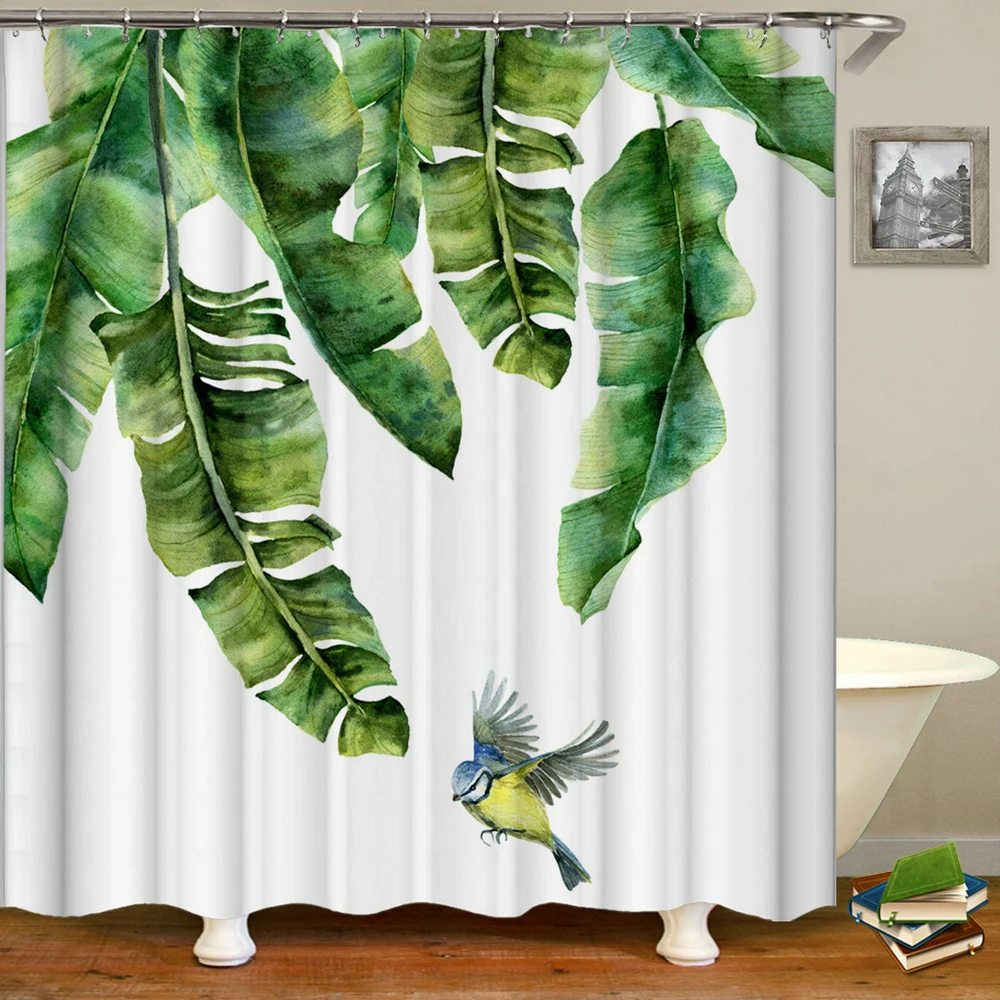 

Tropical Plants Green leaf Bathroom Curtains Shower Curtain With 12 Hooks Waterproof Polyester Fabric 180*200 Bathing Curtain