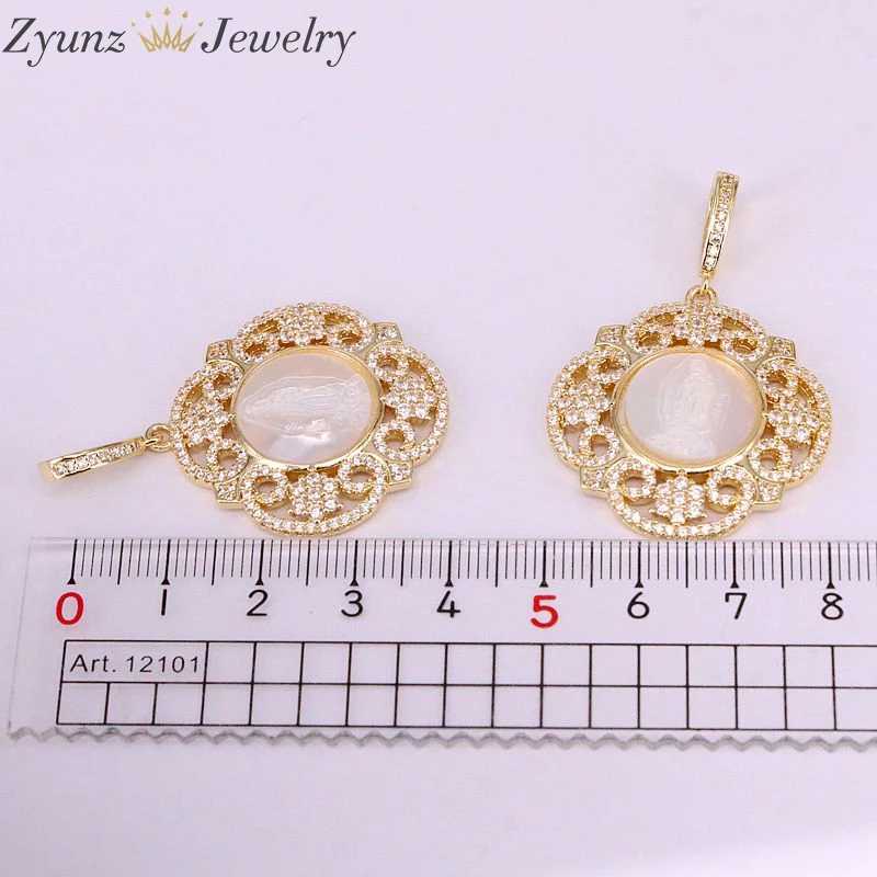 4PCS, Flower Pendant Charm Golden Micro Paved CZ Jesus Mothr Of Pearl Jewelry Crystal Necklace
