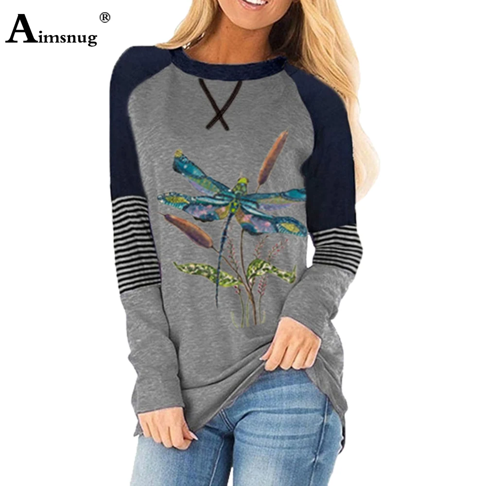

Aimsnug Plus size Women 2021 Spring Autumn Dragonfly Print Top New Patchwork Long Sleeve Casual Tees Shirt Femme Jersey Mujer