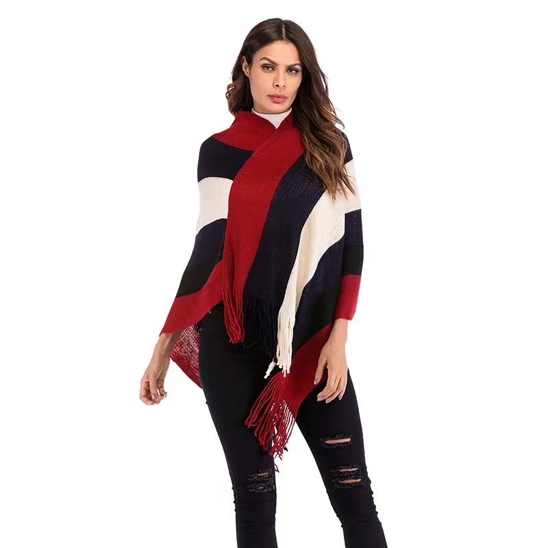 

Rainbow Striped Pullover Casual Women Batwing Sweater Tassel Jumper Knitting Shawl Coat V-neck Loose Cape Poncho Autumn Cloak