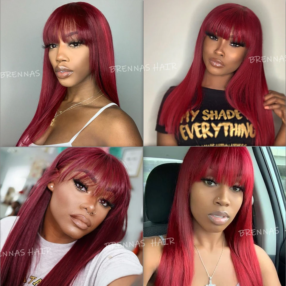 

99j Color Straight Human Hair Wigs With Bangs Full Machine Made Wig Glueless Brazilian Long Remy Hair 180% Density For Women