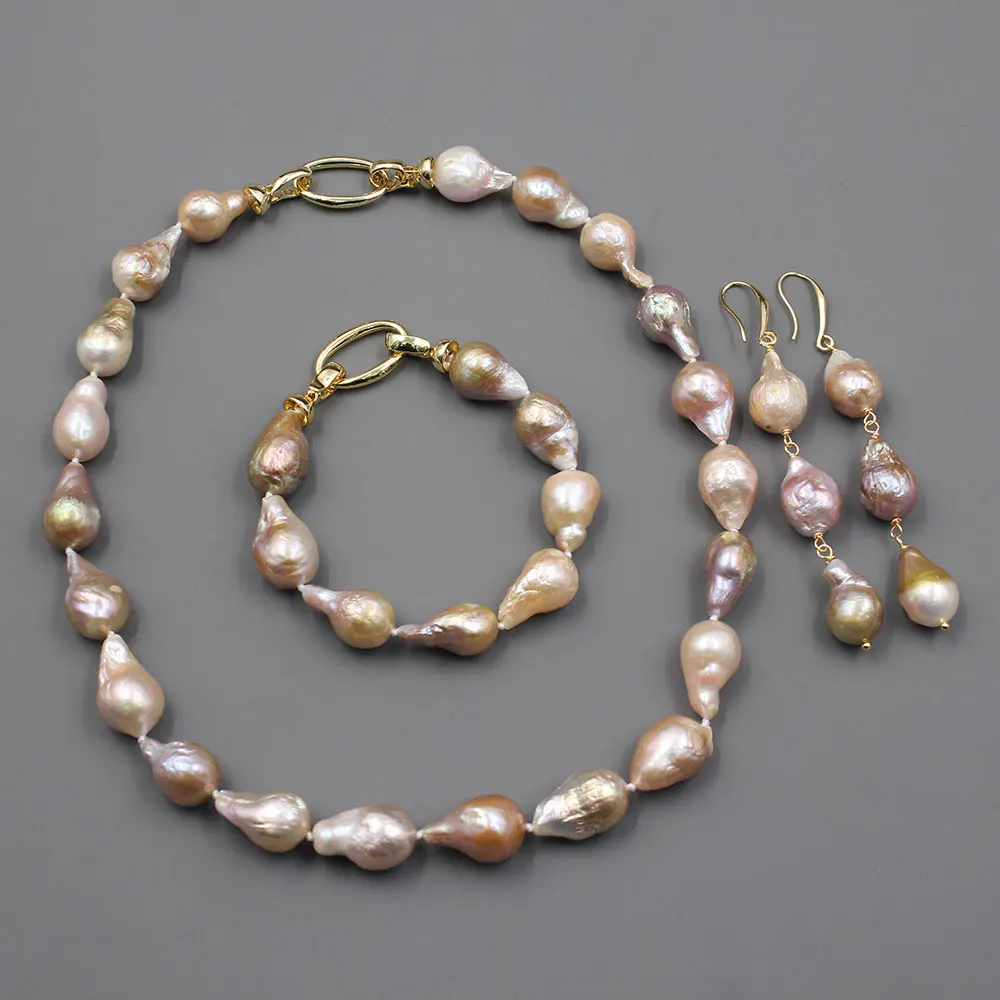 

GG Jewelry Natural Freshwater Cultured Purple Keshi Pearl Necklace Bracelet Earrings Sets For Women Lady Fashion