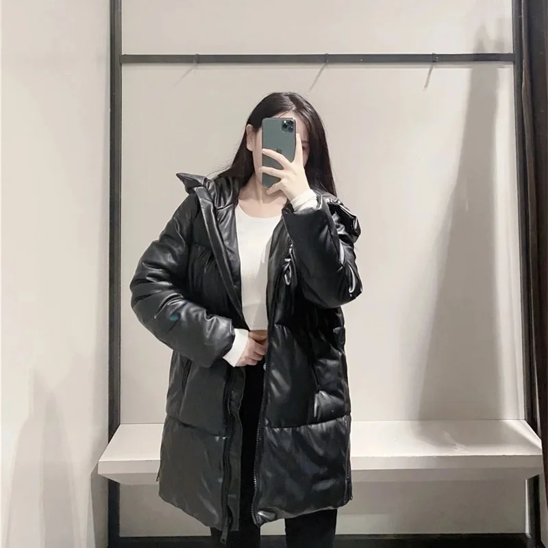 

Leisure simple medium and long PU skin cotton padded jacket 2020 winter fashion stitching loose hooded cotton padded clothes