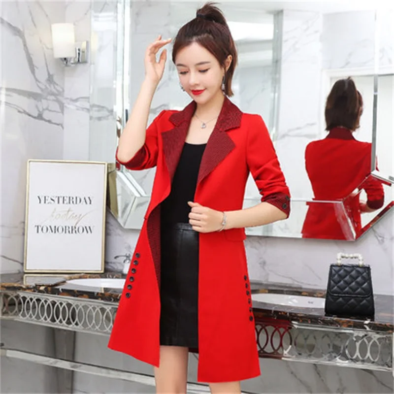 

Spring and autumn new retro temperament houndstooth hit color mid-length suit collar without lining elegant ladies trench coat