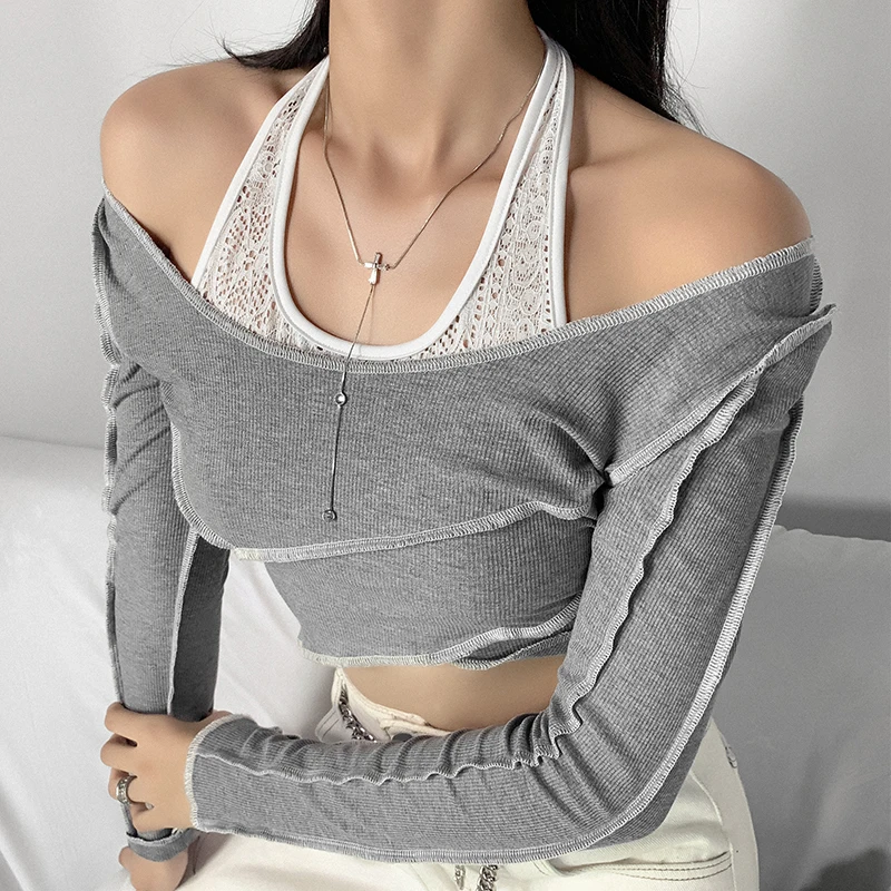 

Sexy Crop Top with Sleeves Women's Tee Shirt 2021 Spring Halter Tops Lace Patchwork E Girl Cute Tops for Women Fashion XC284