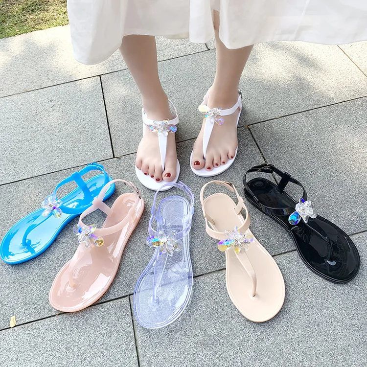 

European style summer rhinestone jelly sandals 2020 fashion outdoor casual beach shoes ladies crystal flat shoes women's shoes