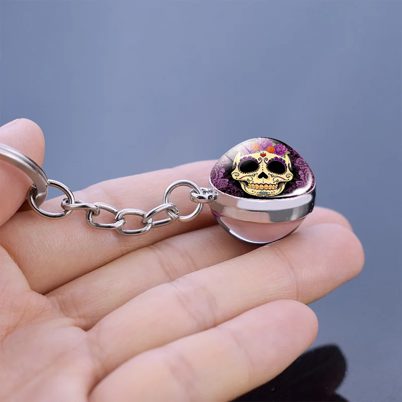 Flower Sugar Skull Keychain Head Glass Ball Key Chains Jewelry for Men Women Christmas Gifts Dropshipping | Украшения и