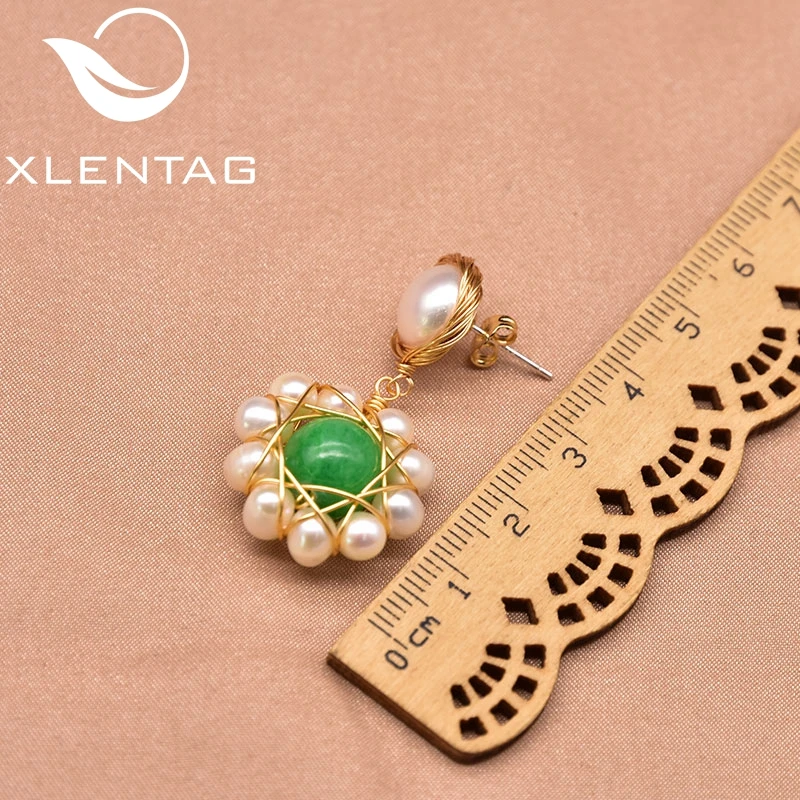 

Xlentag Pure Natural White Fresh water Pearl Green Jade Sun Flower Earrings Women's Engagement Party Gift Fine Jewelry GE0911B