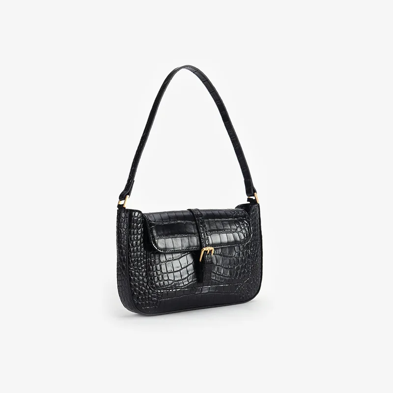 black ALLIGATOR Classic fashion ladies handbag casual women Baguette bag brand style shoulder bags ALLIGATOR cowhide split leather - Цвет: black ALLIGATOR