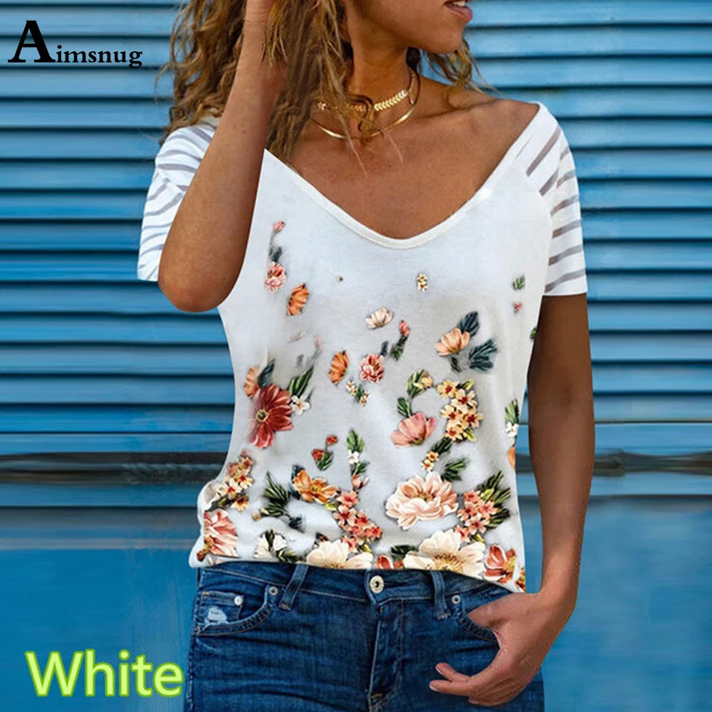 

Aimsnug 2021 Summer Women Elegant Leisure Casual Top Plus Size Ladies Short Sleeve Boho Flower Printed Tees shirt Loose T-shirt