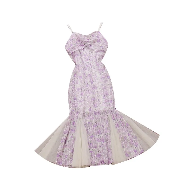

2021 summer new women pearl strap flower print chiffon with mesh fishtail dress female Chic elegant waist mermaid dresses