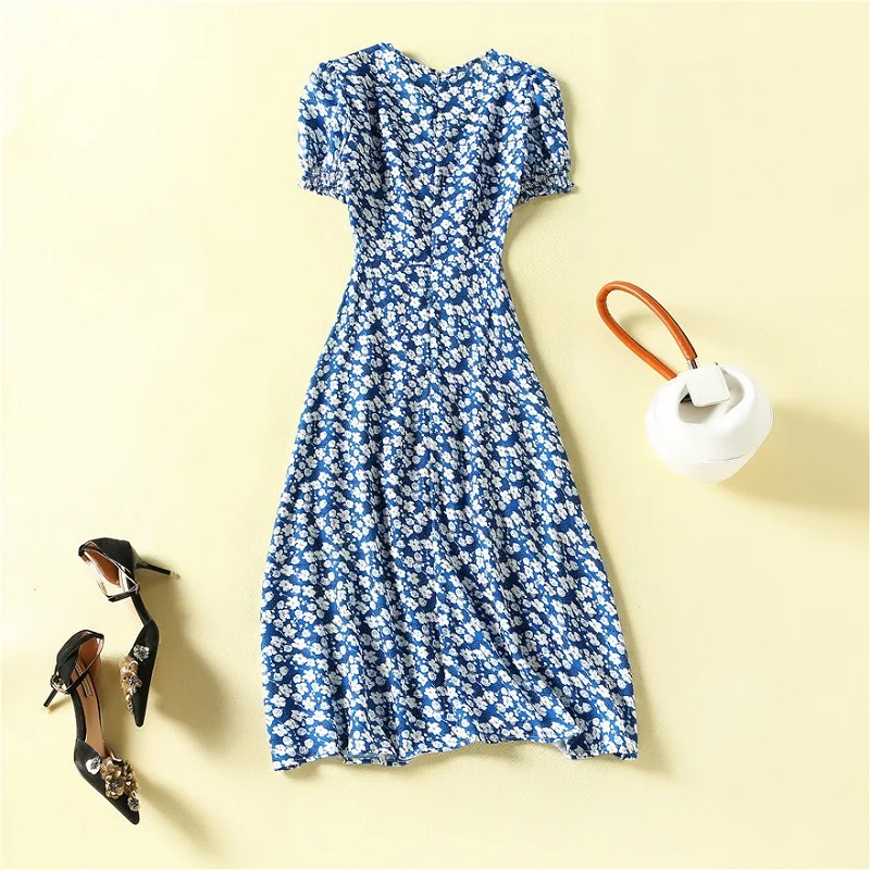 

Korean Fashion New Style Dress 2021 Summer Women Sexy Square Collar Vintage Porcelain Print Short Sleeve Split Sexy Club Dress
