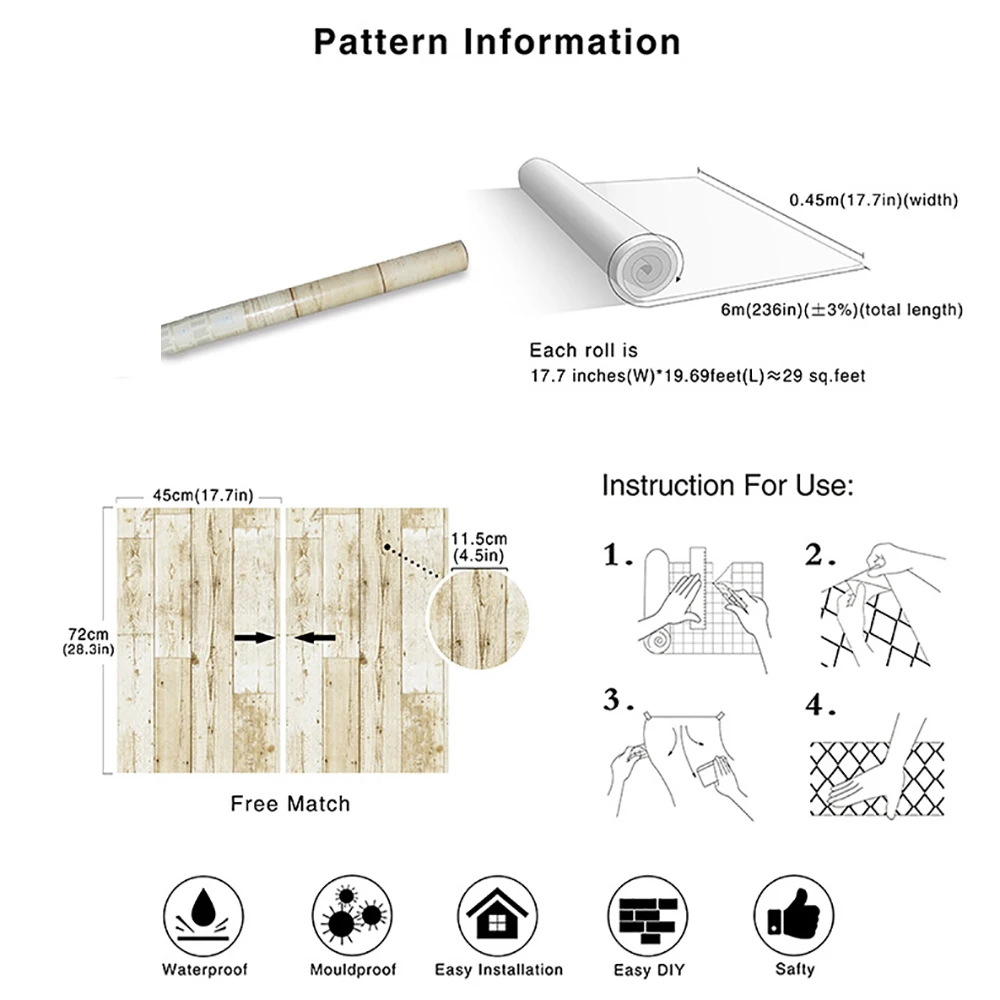 Самоклеящаяся настенная бумага HDHome виниловая с древесной текстурой для стен