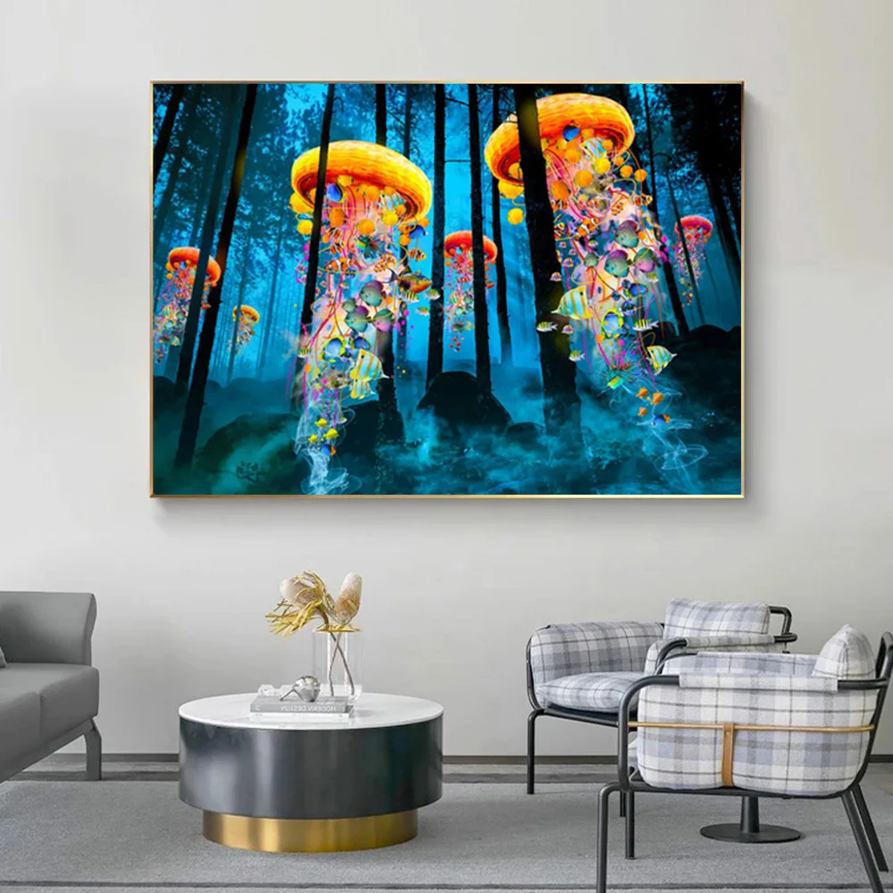 

Abstract Colorful Graffiti Forest Jellyfish Canvas Painting Animal Fish Poster and Prints Wall Art Picture for Living Room Decor