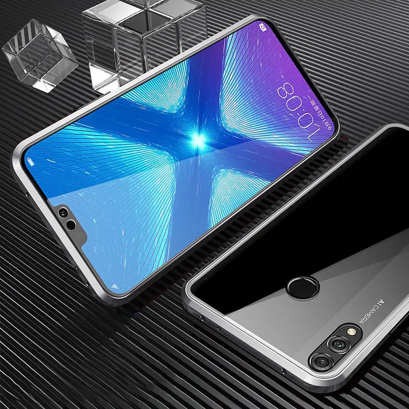 Silver Case Двусторонняя магнитная защита 360 для huawei Honor 8X Max 9X Pro закаленное переднее стекло для Honor 10 Lite Honor 20Pro view 20 чехол - Цвет: Silver Case