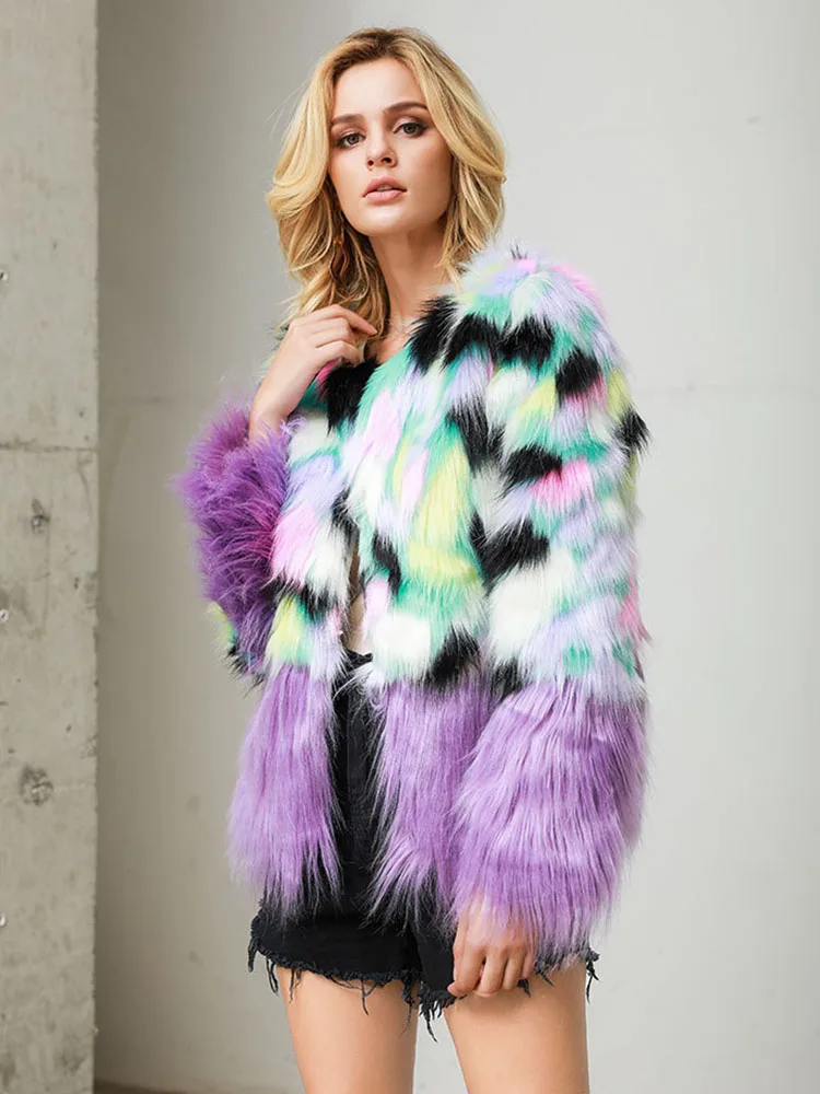 Faux Fox Fur Coat Stitching Plush Thickened Fluffy Jacket Winter Women's Clothing High Quality Teddy Luxury Warm Fashion Brand